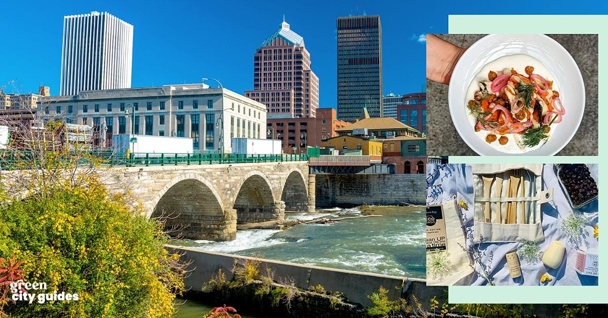 landscape background image of Rochester, N.Y., alongside smaller photos from The Owl House restaurant, Marilla’s Mindful Supplies, and Green Matters's "Green City Guides" logo